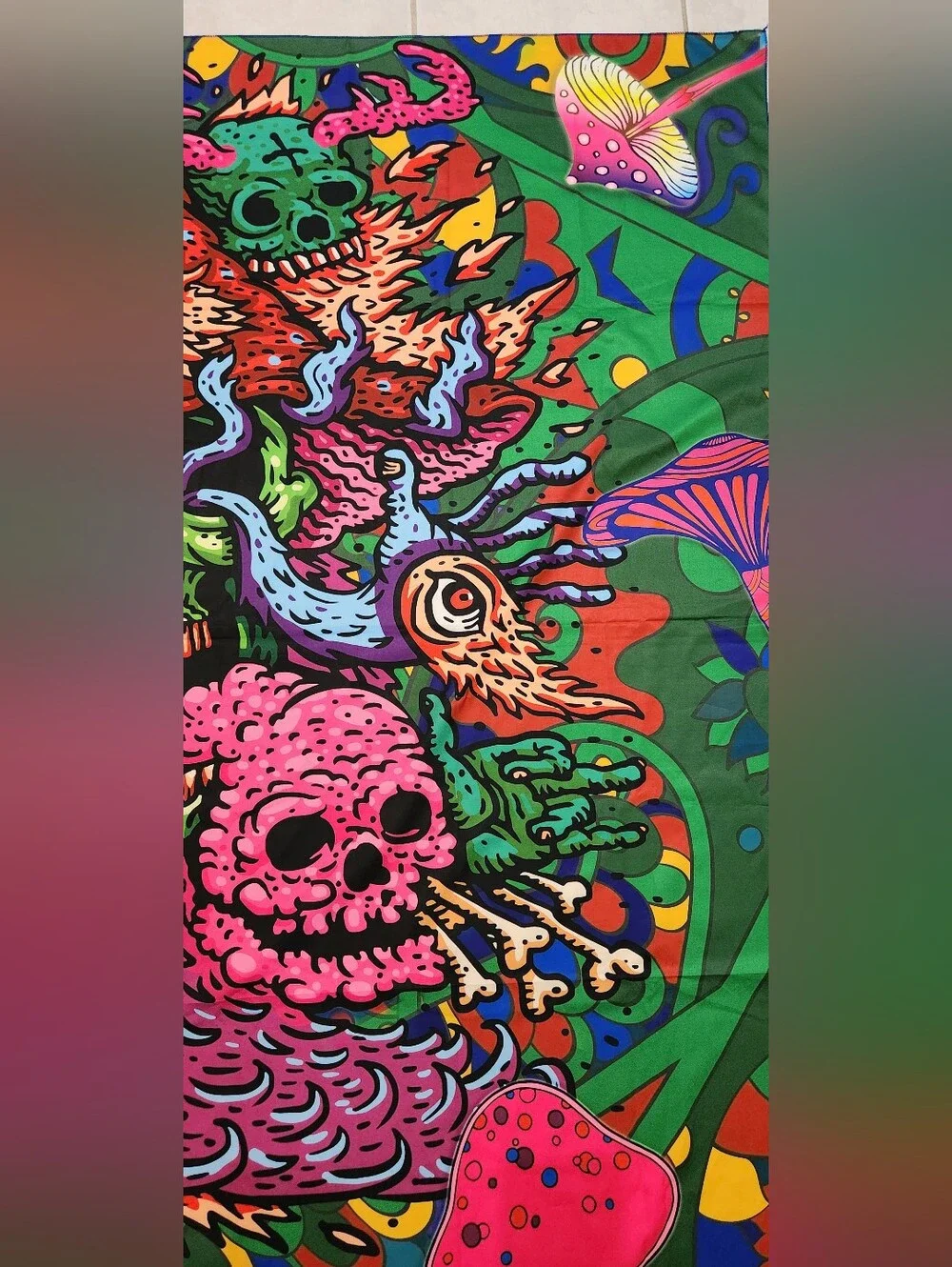 Neon Psychedelic Skull, Skeleton, Mushroom, Flame Black Light Tapestry